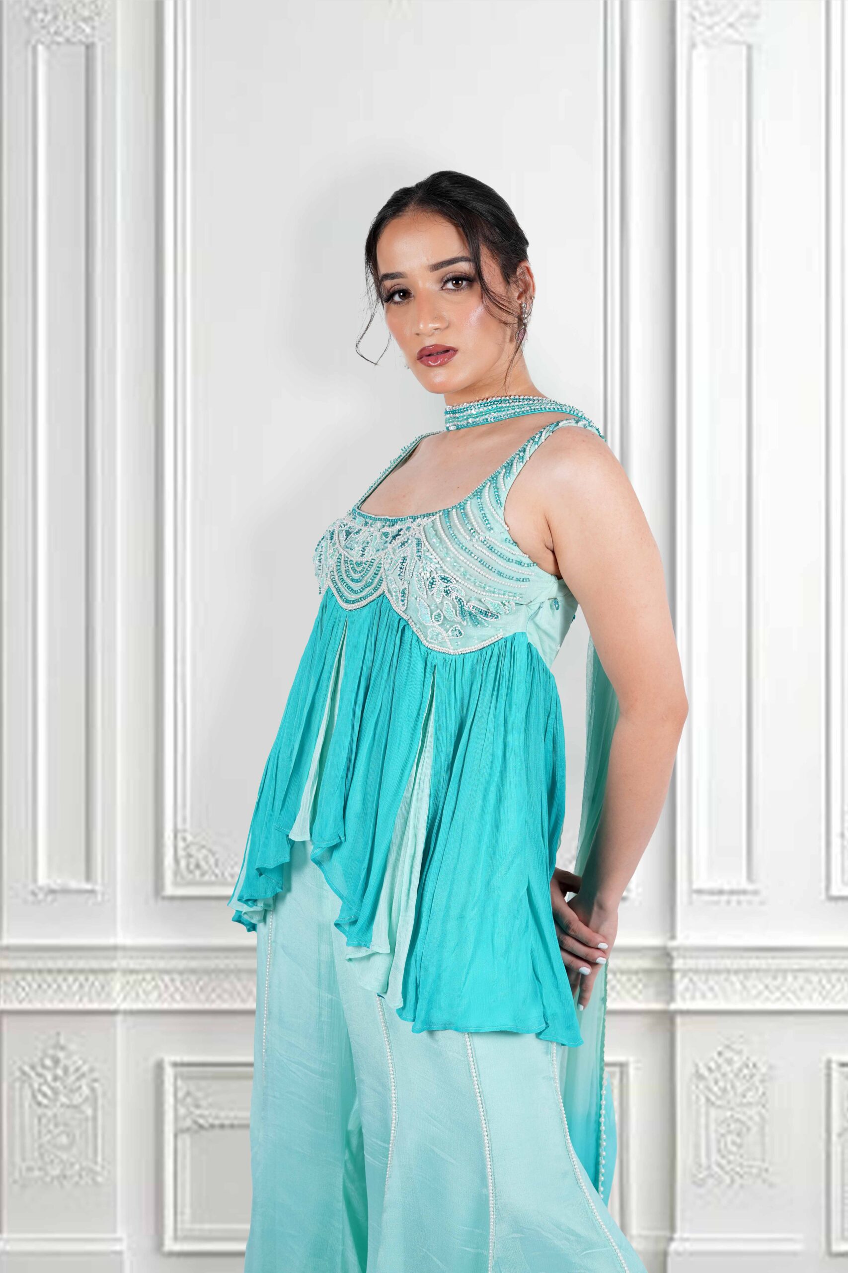 camellia blue peplum kurta with pants & dupatta set camellia blue peplum kurta with pants & dupatta set