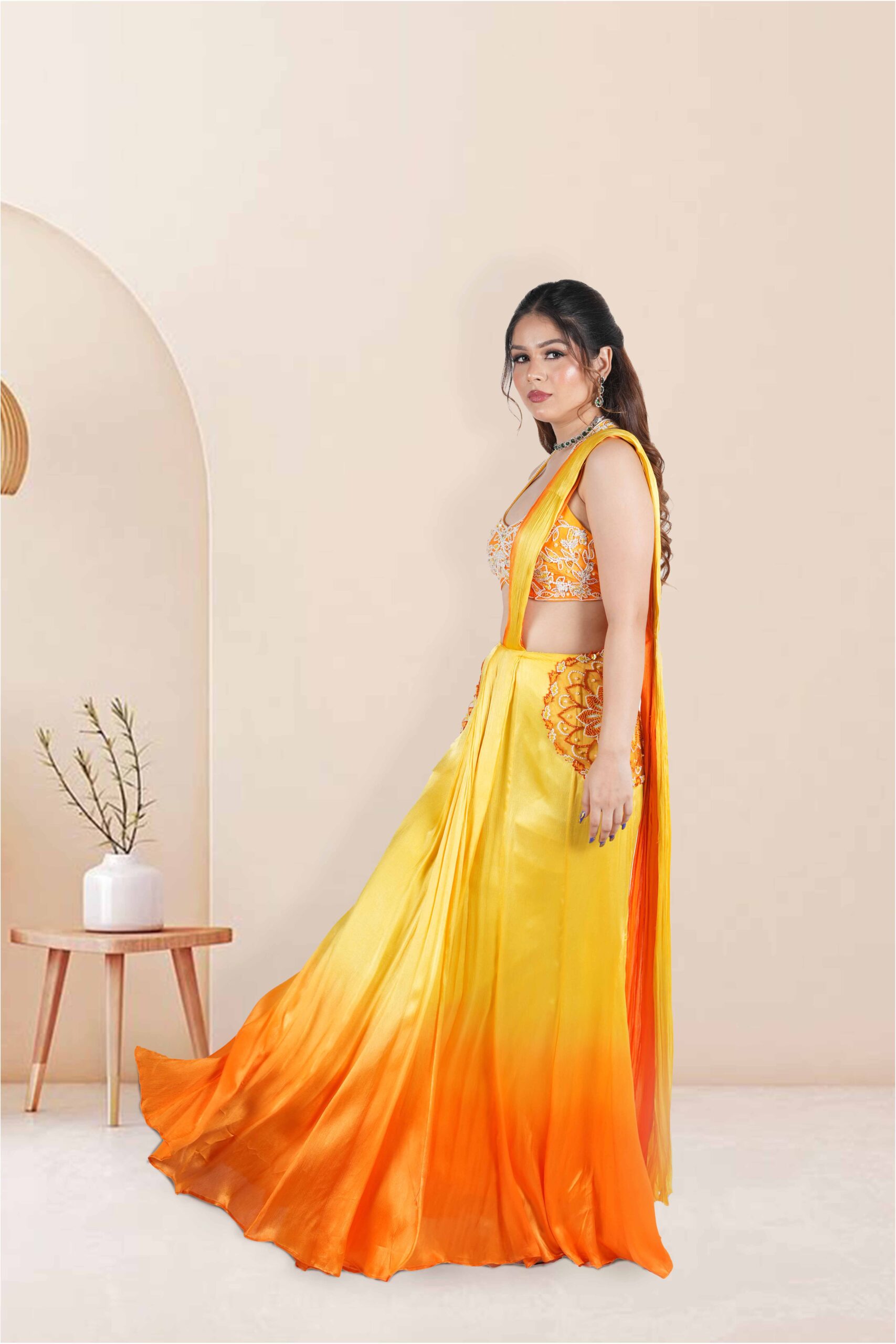 sunaria yellow orange ombre pre drape saree with blouse set sunaria yellow orange ombre pre drape saree with blouse set
