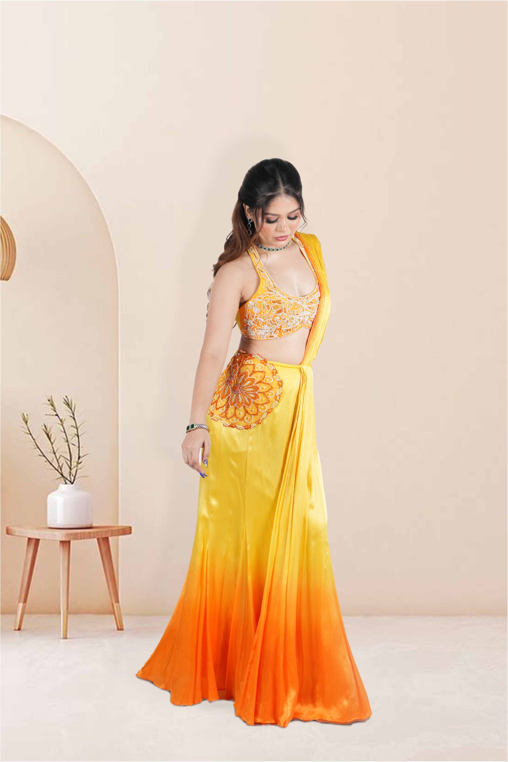 sunaria yellow orange ombre pre drape saree with blouse set sunaria yellow orange ombre pre drape saree with blouse set
