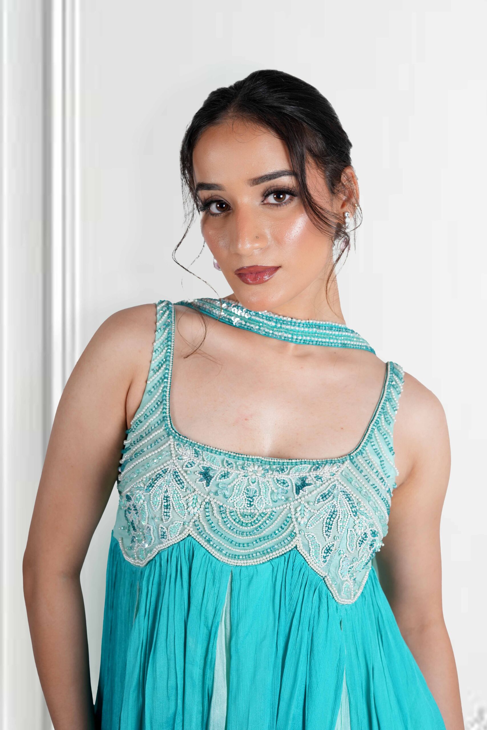 camellia blue peplum kurta with pants & dupatta set camellia blue peplum kurta with pants & dupatta set