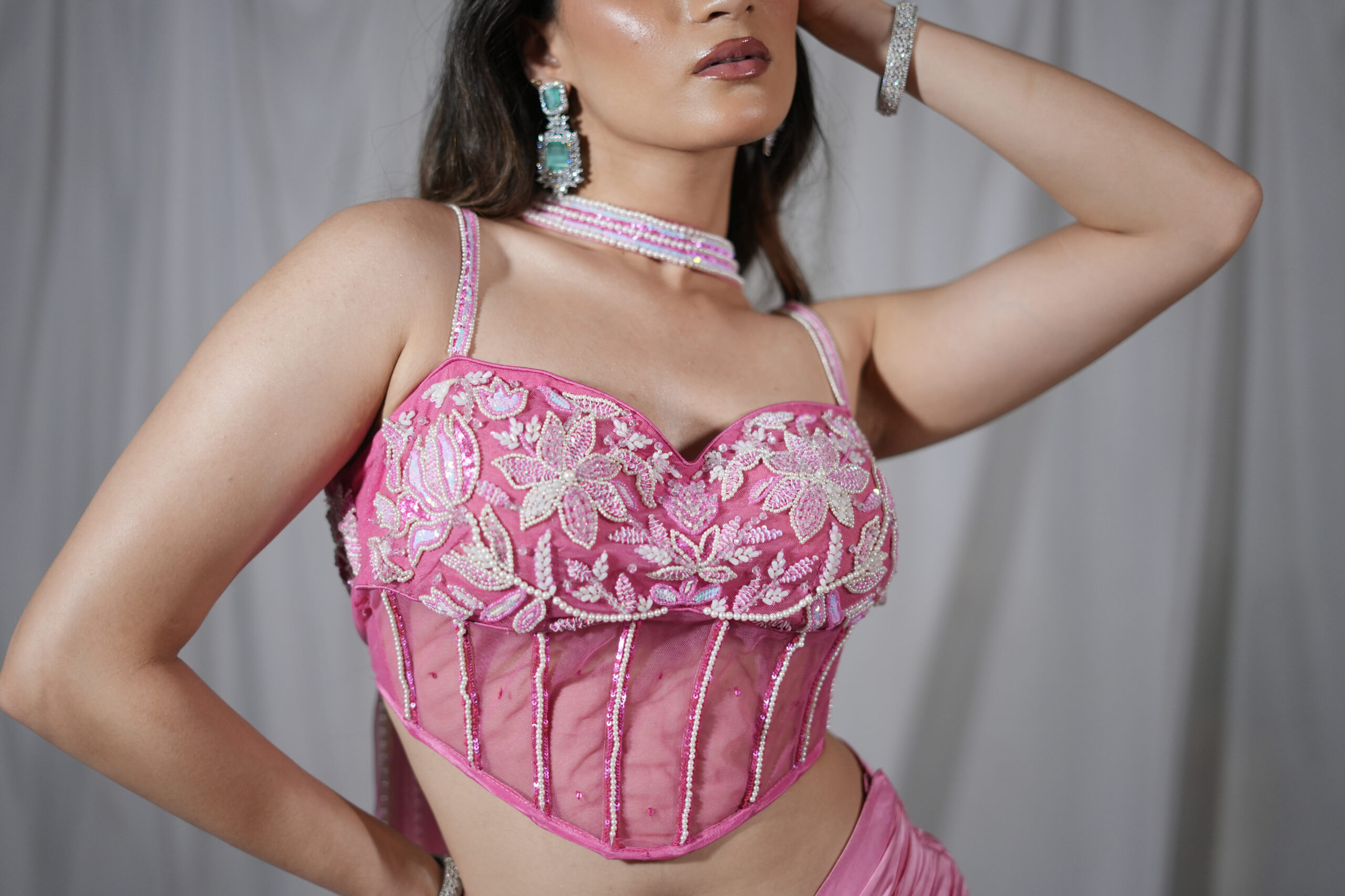 Home pink corset & drape skirt with dupatta set