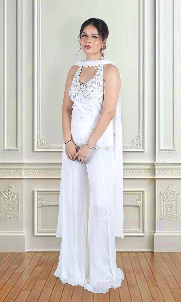 Home luna white halter neck short kurti with sharara & dupatta set