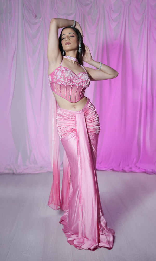 Home fairabelle pink corset with skirt & dupatta set