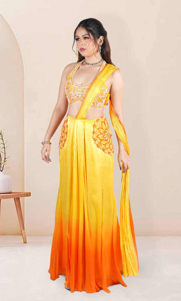 Home sunaria yellow orange ombre skirt style saree with blouse set