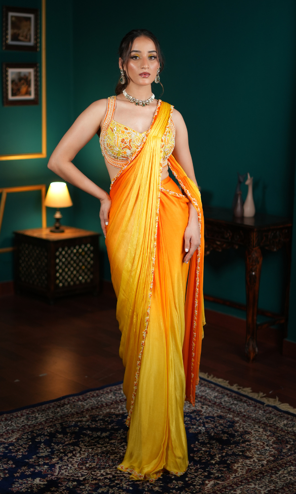 Home elara orange & yellow ombre drape saree with blouse set