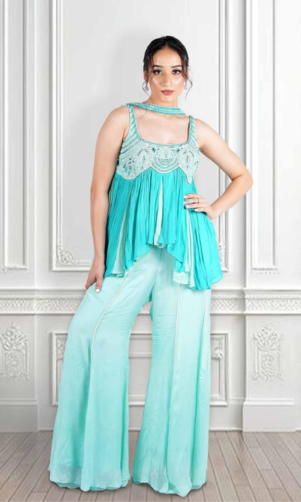 Home jasmine blue peplum kurti with sharara & dupatta set