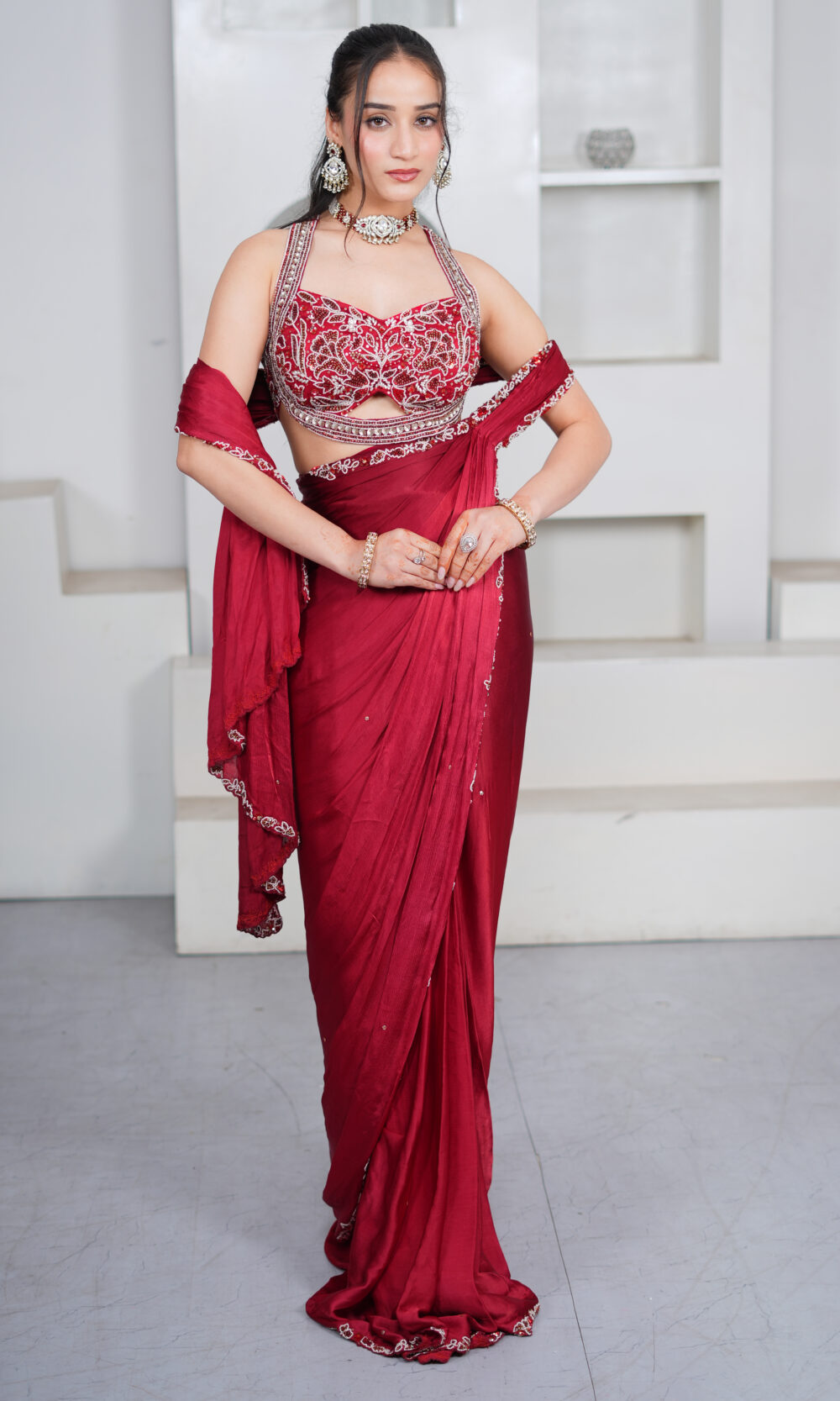 Home maroon drape saree