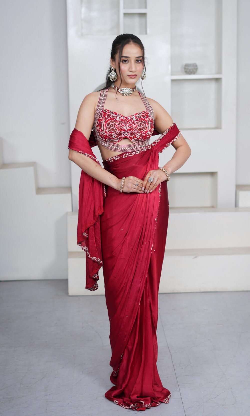 maroon drape saree